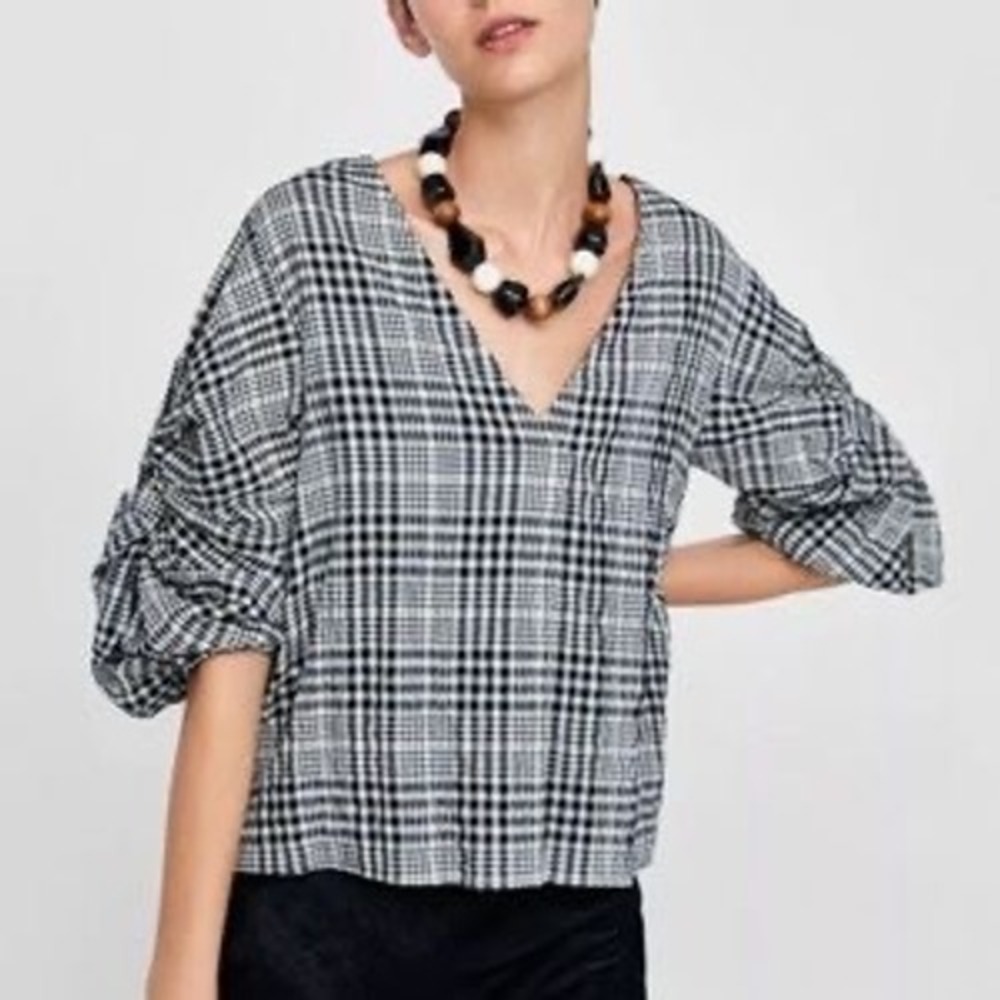 Zara Basic Black White Plaid Ruched Puff Sleeve V-Neck Blouse XL